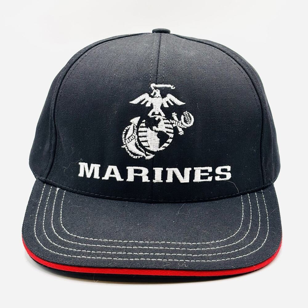 Marines Hat Unionwear Men's Adjustable Black Red Embroidered Logo SnapBack